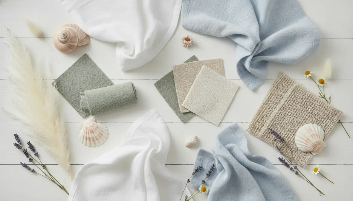 Composizione tessuti naturali estivi per casa: lino, cotone, bambù e fibre fresche