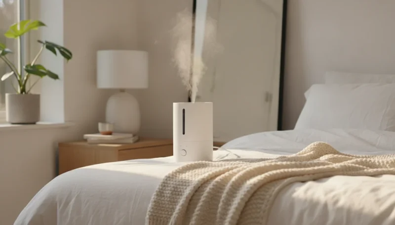 Umidificatore moderno che rilascia vapore in una camera da letto luminosa