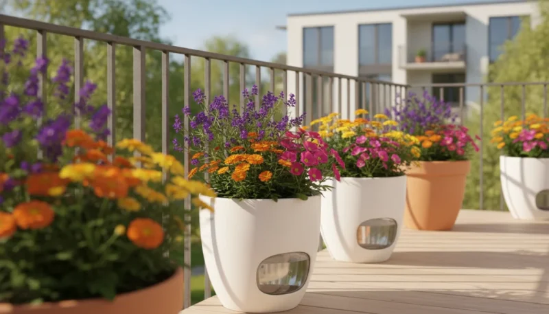 Vasi autoirriganti con fiori colorati su balcone soleggiato, sistema di riserva d'acqua visibile