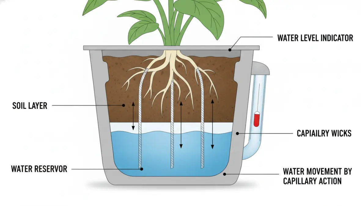 Schema funzionamento vasi autoirriganti con sistema a capillarità e riserva d'acqua