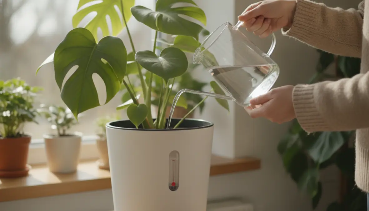 Riempimento riserva d'acqua in vaso autoirrigante con indicatore di livello visibile