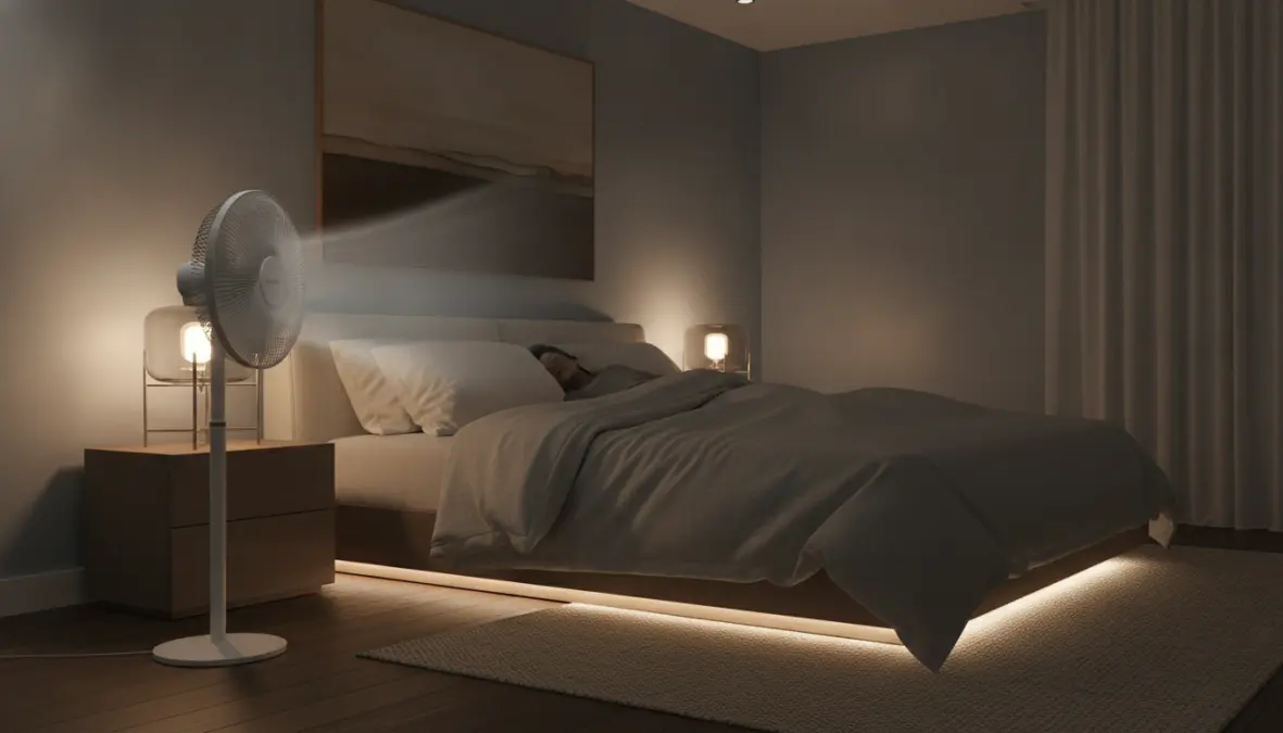 Ventilatore silenzioso posizionato in camera da letto per uso notturno ottimale