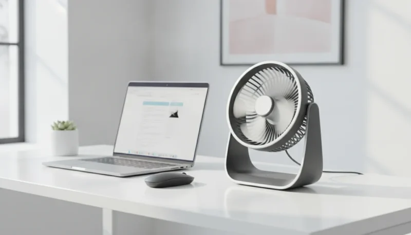 Ventilatore da tavolo USB moderno su scrivania ufficio accanto a laptop