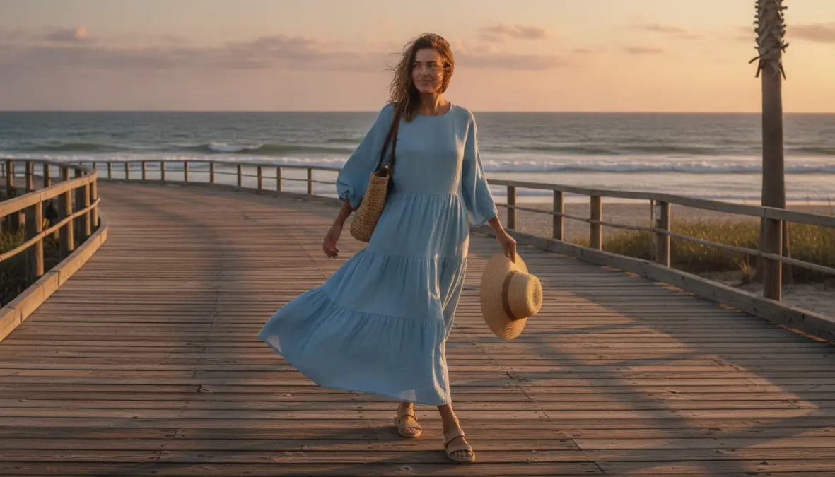 Donna che indossa un elegante vestito midi di lino azzurro in ambiente estivo