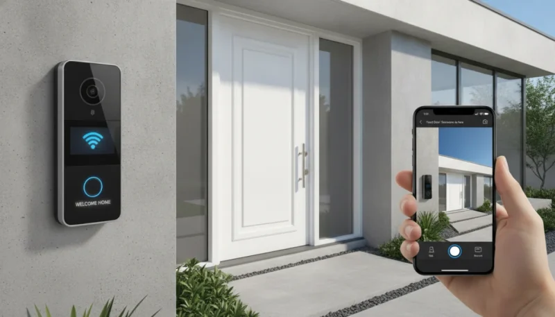 Videocitofono WiFi moderno installato all'ingresso di casa con controllo da smartphone