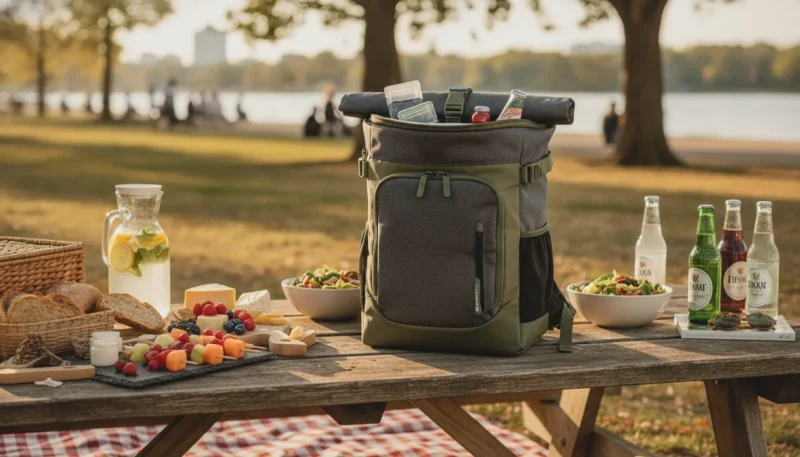 Zaino frigo termico per pic-nic con cibo e bevande fresche su tavolo da pic-nic