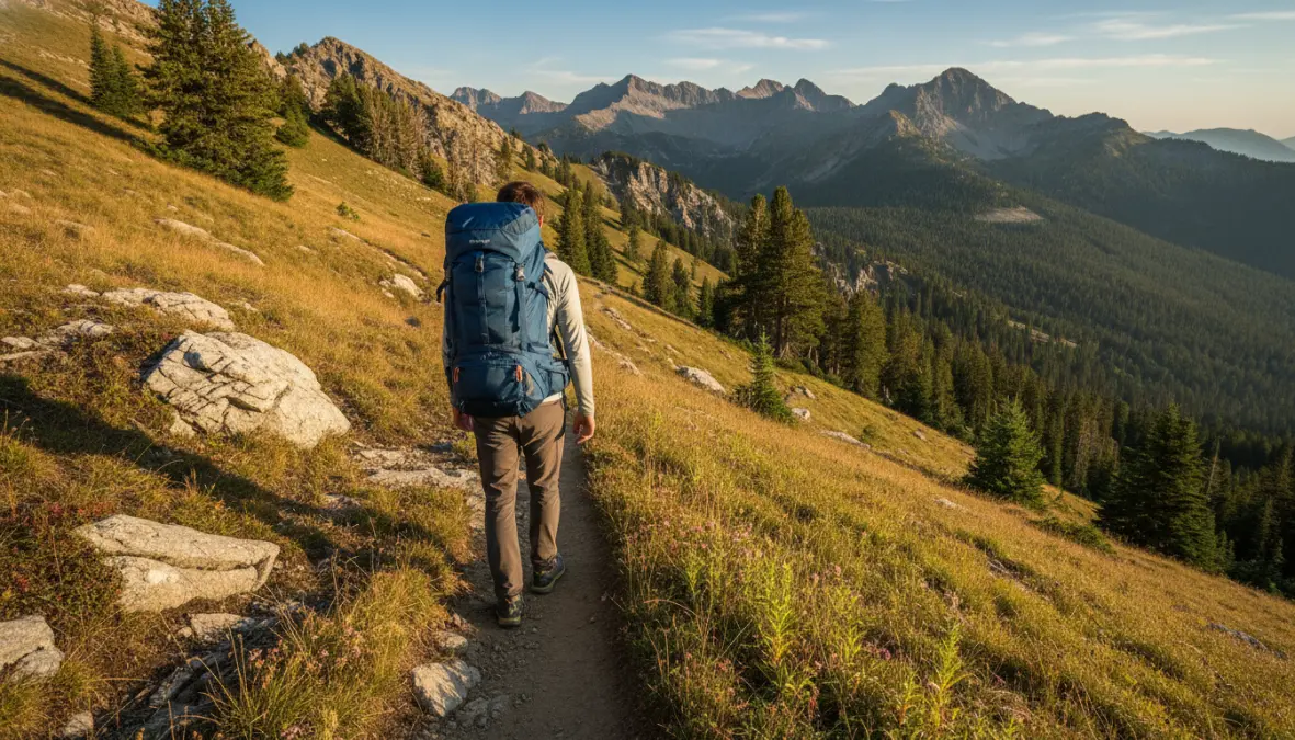 Zaino frigo da trekking con spallacci imbottiti indossato durante escursione in montagna