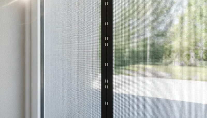 Zanzariera magnetica installata su porta di casa moderna con chiusura centrale a calamita