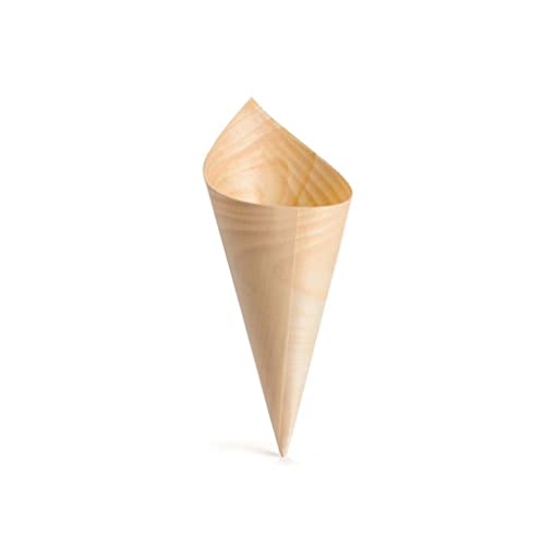 DOT Horeca Solutions 50 Coni Legno Finger Food - Ciotole Monouso Biodegradabili in Pino per Patatine e Tempura, Aperitivo e Catering &ndash; Ecologici Design Rustico per Feste e Matrimoni Bamboo (13 x 5 cm)