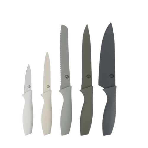 MasterChef Coltelli da Cucina, Collezione di Coltello Chef per Pane, Carne e Verdure, Acciaio Inox, Prova di Calore, Lavabile in Lavastoviglie, 5 Pezzi, Grigio