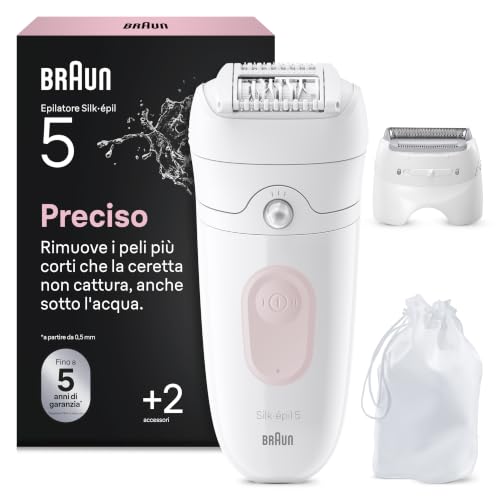 Braun Silk Epil 5 Epilatore Elettrico Donna, Rasoio Elettrico Donna, Wet&Dry, Rimozione Facile Peli, Pelle Liscia, Include Testina Radente E Cappuccio Regolatore, 5-030,Rosa Flamingo