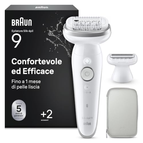 Braun Silk Epil 9 Epilatore Elettrico Donna Con Testina Ampia Per Una Facile Rimozione Dei Peli, Rasoio Elettrico Donna Wet & Dry, Include Testina Radente, Cappuccio Regolatore 9-041, Argento