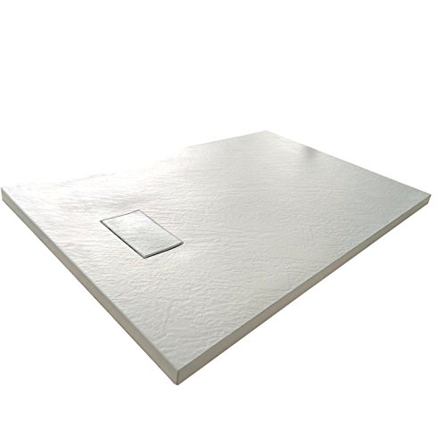 Piatto Doccia H.2,6 cm In Vetro-resina SMC Effetto Pietra Stone Ardesia Piletta Doccia Inclusa (80x100 h 2.6cm, Bianco)