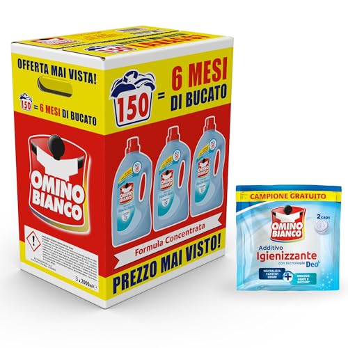 Omino Bianco - Detersivo Lavatrice Liquido, 150 Lavaggi, Rispetta Colori e Tessuti, Fresco Profumo con Essenza di Muschio Bianco, 2000 ml x 3 + Campione di Additivo Lavatrice Igienizzante Idrocaps