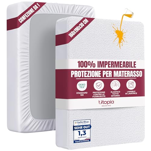 Utopia Bedding Coprimaterasso Matrimoniale Impermeabile 160 x 190 x 30 cm, Certificato OEKO-TEX, Proteggi Materasso, Traspirante, Lavabile, Stile Montato Tutto Intorno Elastico