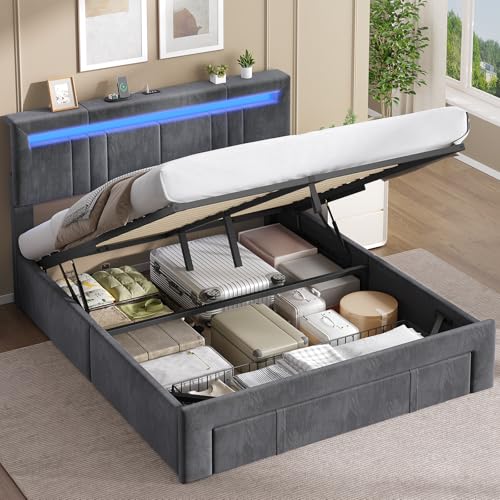 AGOLLATI Letto Matrimoniale con Contenitore 160x200 Letto Contenitore Matrimoniale Con LED Letto Contenitore Idraulico con Stazione Di Ricarica Struttura Letto Matrimoniale Con Testiera Regolabile