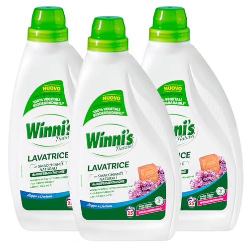 Winni's Naturel Lavatrice Detersivo Liquido con Smacchianti Naturali Fragranza Aleppo e Verbena Attivo a 30&deg;C Ipoallergenico Materie Prime di Origine Vegetali Biodegradabili - 3 Flaconi da 1,125L