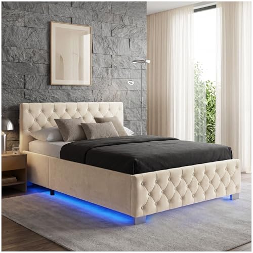 tectake® Letto Matrimoniale Imbottito con Rete a Doghe 180x200 cm, Letto Contenitore Matrimoniale e Illuminazione LED, Struttura in Acciaio, Velluto Trapuntato Chesterfield, con Telecomando - Sabbia